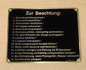 Schild "Zur beachtung..." für Glühkopf messing